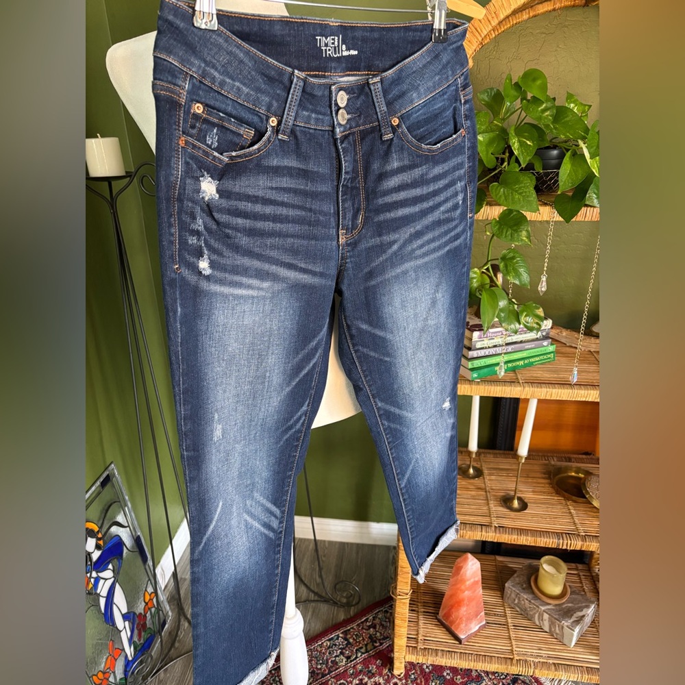 Time & True Blue Denim Mid Rose Skinny Cuffed Distressed Pull On Jeans - Picture 2 of 4